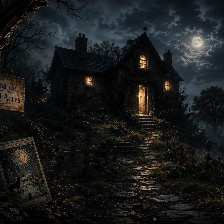La casa de los 100 Acres bajo la luna, con la carta de La Luna apoyada en el sendero